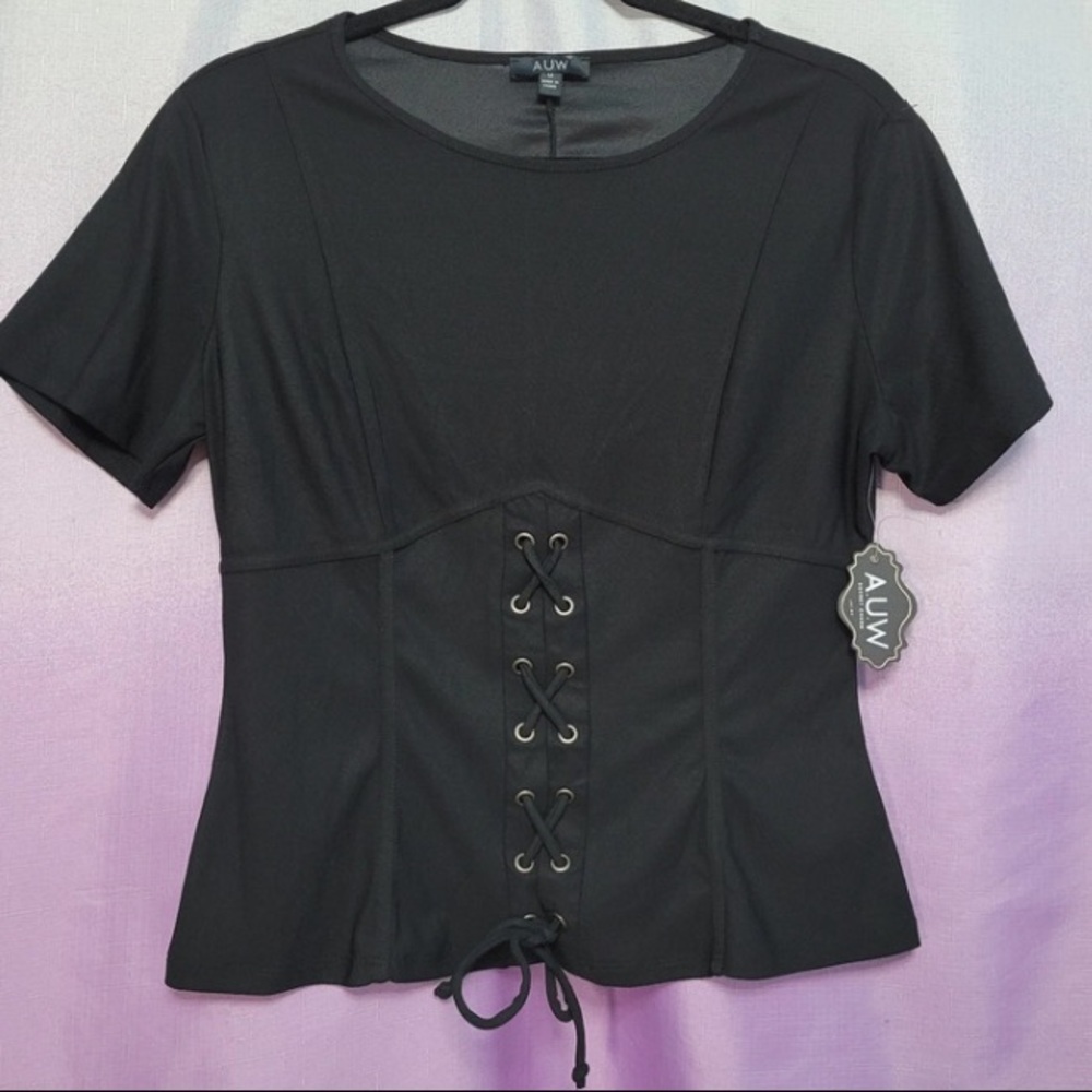 - NWOT A.U.W sz Med Black Corset Lace up Blouse